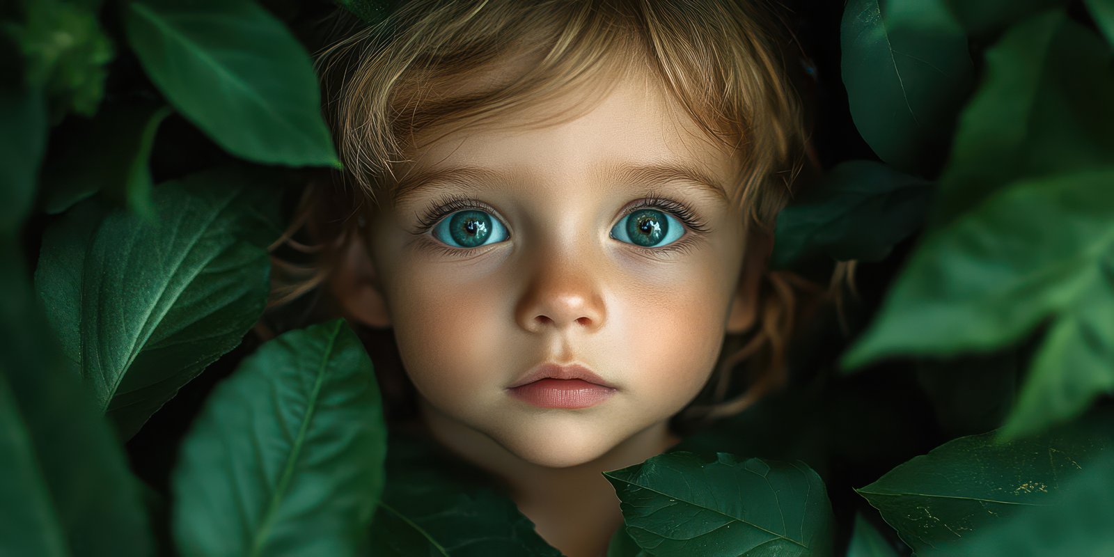 Child gazing curiously from a nest of lush green leaves in a vibrant natural setting on a sunny day